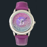 Montre Aquamarine violette Mélangé Monogramme Étincelant<br><div class="desc">Doux monogame montre fille avec deux tons de dégradé scintillant design. (simulé dans l'art aucune parties scintillant utilisée)</div>