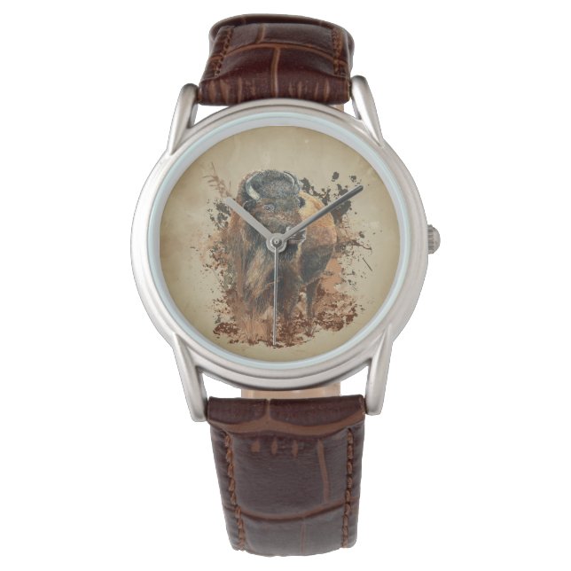 Montre Aquarelle Bison Buffalo Animale Faune Nature Wa (devant)