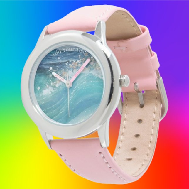 Montre Aquarelle Bleu Blanc Océan Vague Personnalisée Nom (Créateur téléchargé)