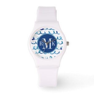 Montre Aquarelle bleu peinte à la main Motif ondulé