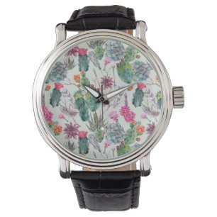 Montre Aquarelle de bois exotique Cactus et Motif succule