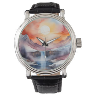 Montre Aquarelle de montagnes enneigées sous le coucher d