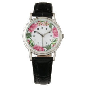 Montre Aquarelle Fleurs roses Cercle de couronne