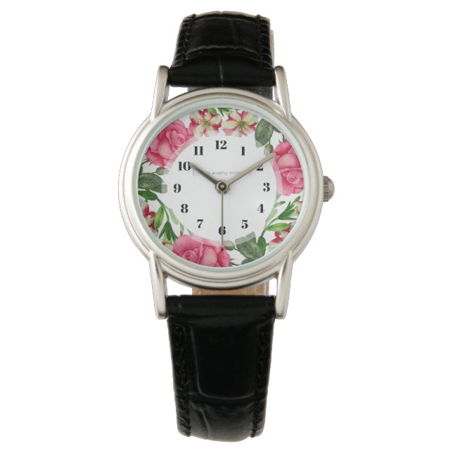 Montre Aquarelle Fleurs roses Cercle de couronne (devant)