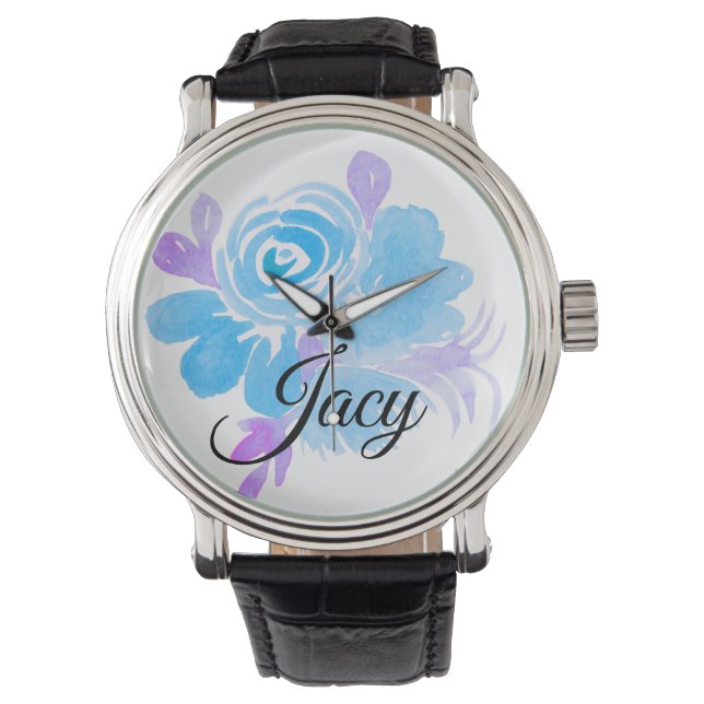 Montre Aquarelle Floral Bleu Violet (devant)