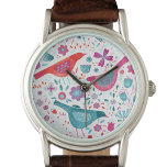 Montre Aquarelle florale<br><div class="desc">Oiseaux et fleurs contemporains en vert turquoise,  rouge et rose magenta. Art original de Nic Squirrell.</div>