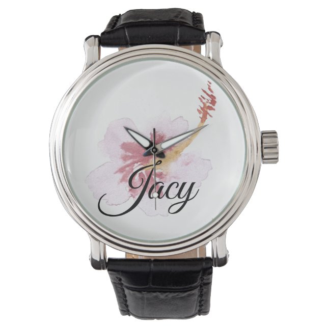 Montre Aquarelle Hibiscus Rose Écriture Nom Fête des Mère (devant)