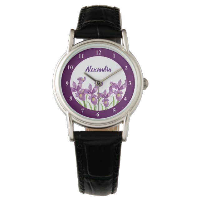 Montre Aquarelle Iris Pourpre Botanique Nombres Blancs (devant)