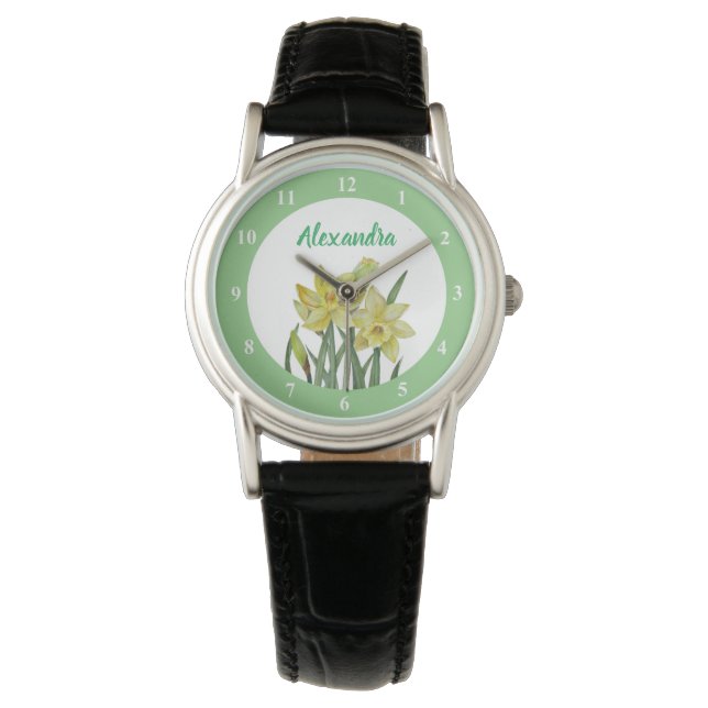 Montre Aquarelle Jaune Daffodiles de printemps avec nombr (devant)
