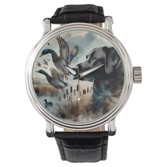 Montre Aquarelle Labrador noir et canards (devant)