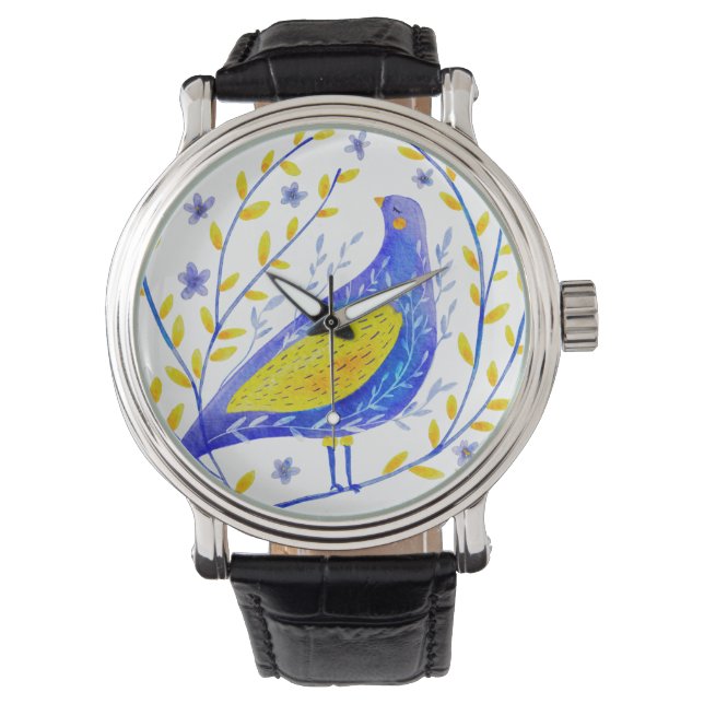 Montre Aquarelle moderne Bleu et Jaune Oiseau Art (devant)