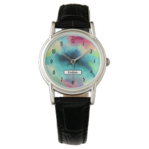 Montre Aquarelle moderne Green & Red Space Nebula