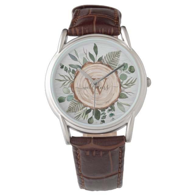 Montre Aquarelle Monogramme Paillettes et feuillage en bo (devant)
