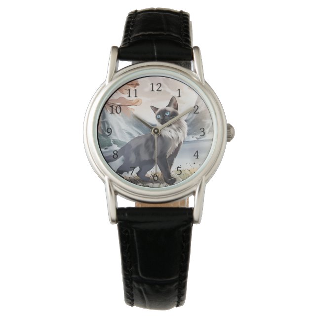 Montre Aquarelle Noir et Blanc Fluffin Chat dans la natur (devant)
