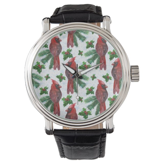 Montre aquarelle Oiseau cardinal rouge (devant)
