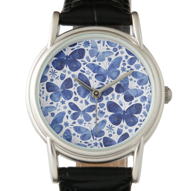 Montre Aquarelle papillon bleu (Navy indigo blue and white watercolor butterfly pattern watch)