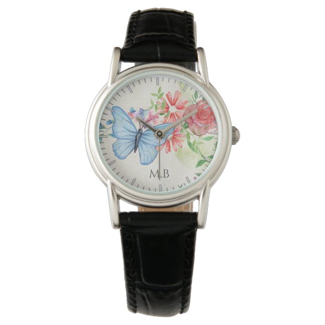 Montre Aquarelle Papillon et Fleurs Élégant Monogramme (devant)