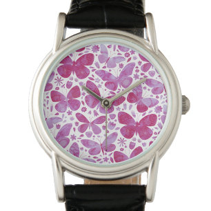 Montre Aquarelle papillon rose