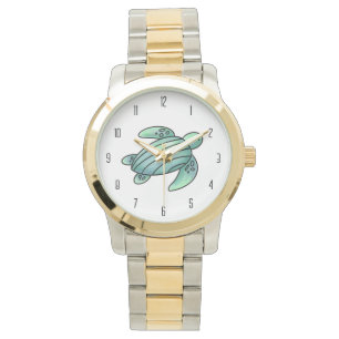 Montre aquarelle peinte caricature de tortue de mer bleu 