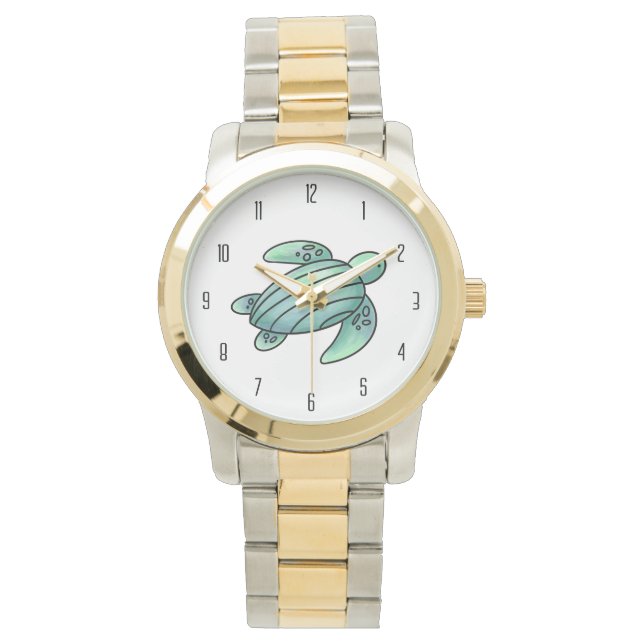 Montre aquarelle peinte caricature de tortue de mer bleu  (devant)