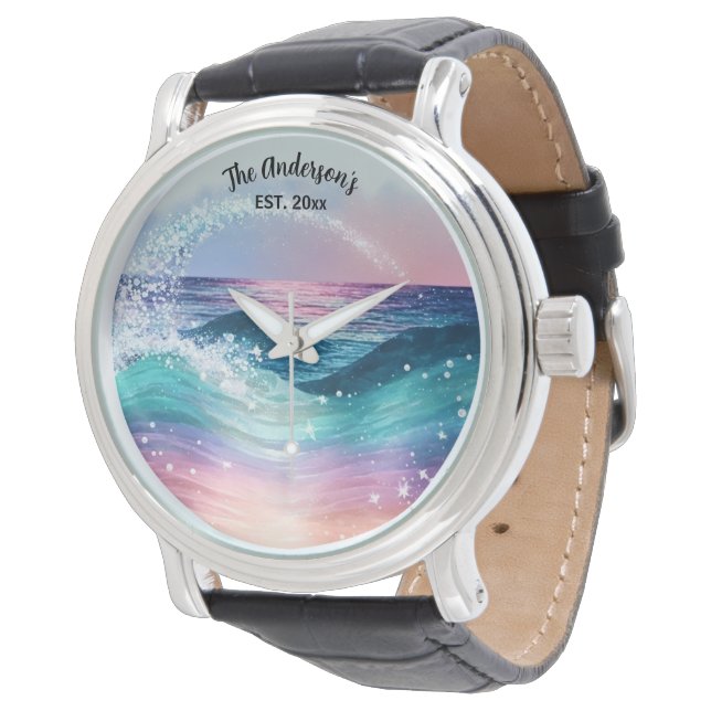 Montre Aquarelle personnalisée Blue Ocean Wave Photo avec (Incliné)