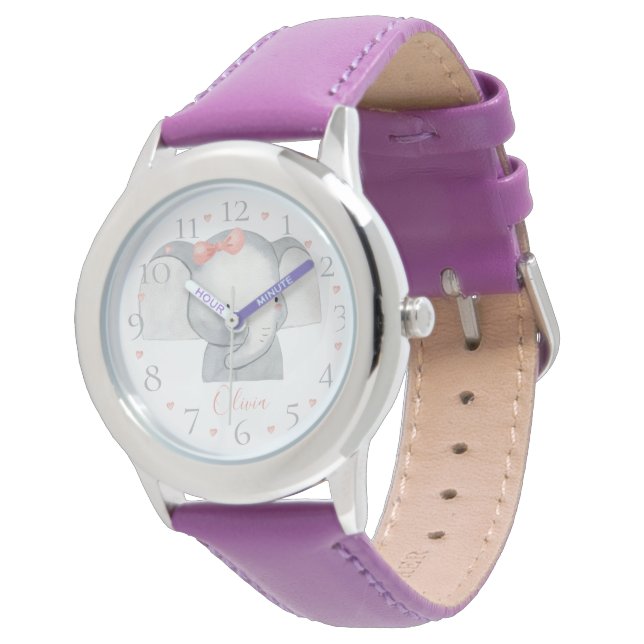 Montre Aquarelle personnalisée Cute Baby Elephant Nom W (Incliné)