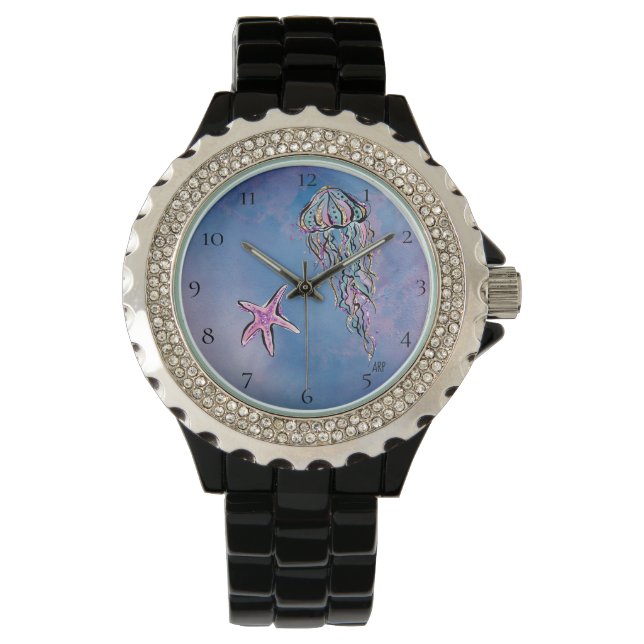 Montre *~* Aquarelle Plage Mer Jelly Poisson étoile Poiss (devant)