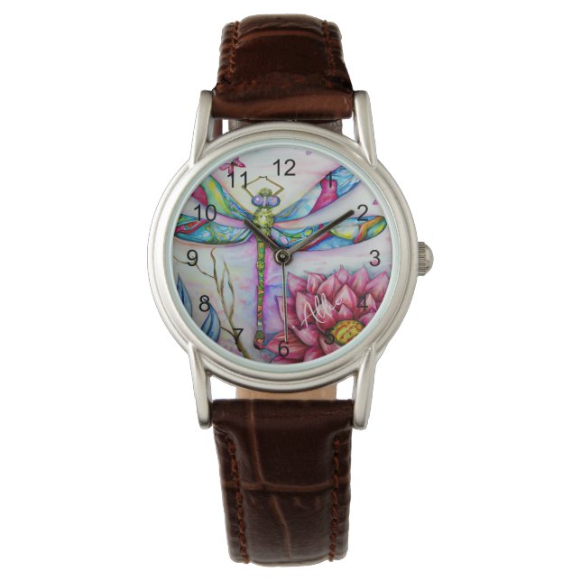 Montre Aquarelle Rainbow Dragonfly, Personnaliser (devant)