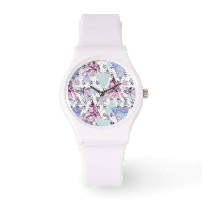 Montre Aquarelle rose et bleu Motif de palmier (Recto)