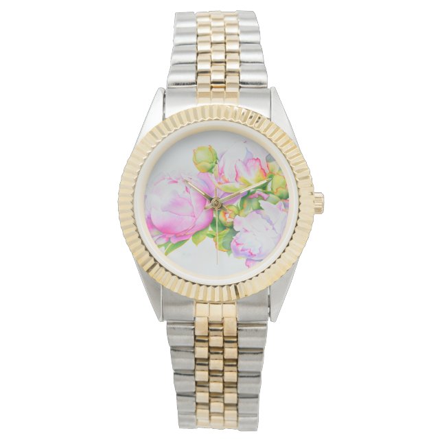 Montre Aquarelle rose fleurie rose pivoines blanc floral (devant)
