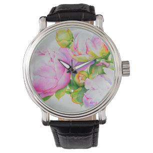 Montre Aquarelle rose fleurie rose pivoines blanc floral