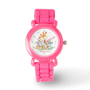 Montre Aquarelle rose mignonne Safari Jungle Animaux