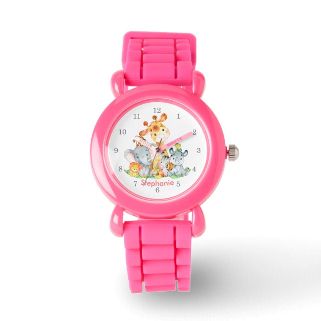 Montre Aquarelle rose mignonne Safari Jungle Animaux (Recto)
