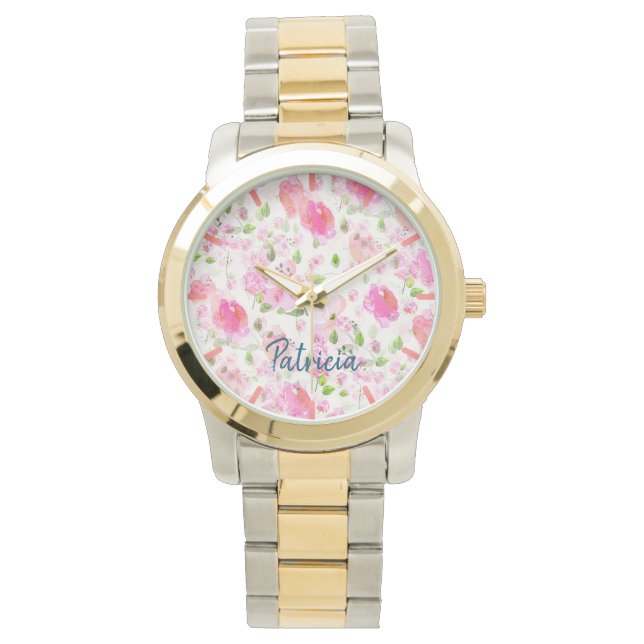 Montre Aquarelle rose Motif de jardin Floral (devant)