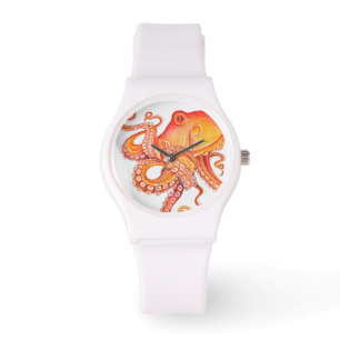 Montre Aquarelle rouge orange octopique