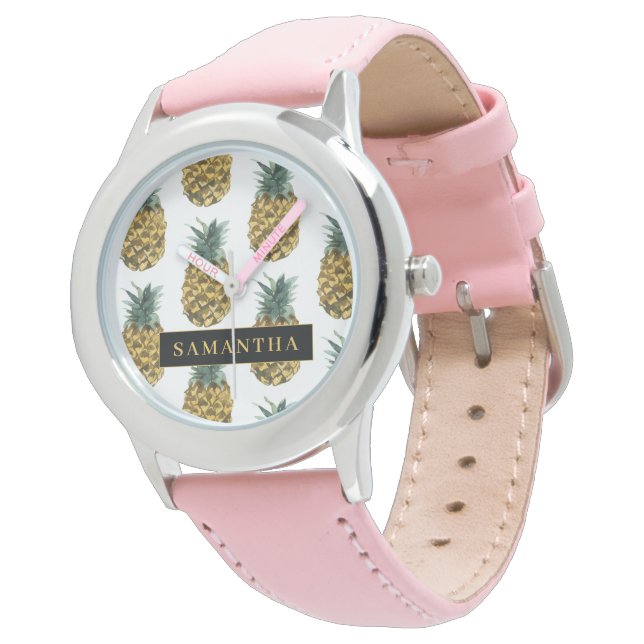 Montre Aquarelle tropicale Motif ananas avec nom (Incliné)