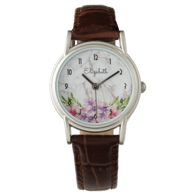 Montre Aquarelle violet et rose Marbre blanc Magnolia (devant)