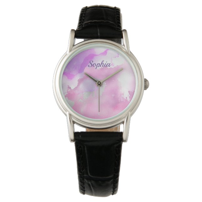 Montre Aquarelle violette et rose, nom ou votre art/photo (devant)