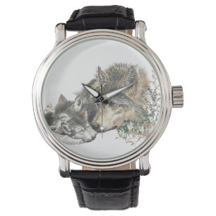 Montre Aquarelle Wolf Maman & Cube Animal Nature Art