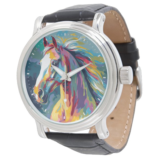 Montre Aquarelles Illustration de la tête de cheval (Incliné)