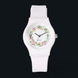 Montre Aquarelles pastel bronzées fleurs couronnes<br><div class="desc">Design floral moderne et élégant. Aquarelles fleurs pastel wreath,  chiffres romains et nom personnalisé. Convient à une mariée.</div>
