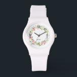 Montre Aquarelles pastel bronzées fleurs couronnes<br><div class="desc">Design floral moderne et élégant. Aquarelles fleurs pastel wreath,  chiffres romains et nom personnalisé. Convient à une mariée.</div>