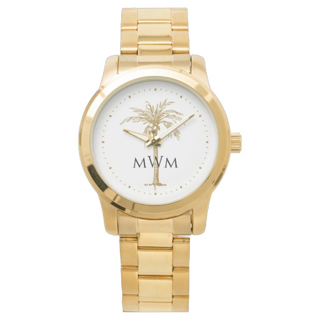 Montre Arbre à palmes doré tropical artistique monogramme (devant)