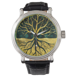 Montre Arbre de la vie d'or Yggdrasil sur la malachite