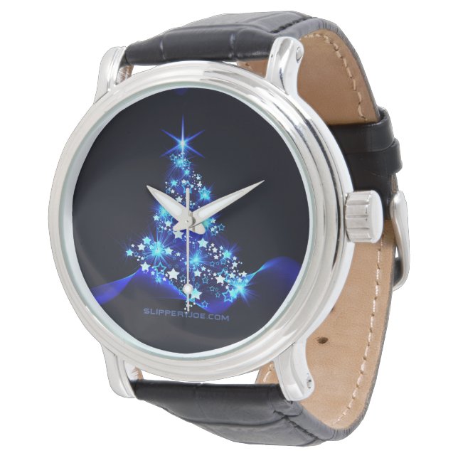 Montre arbre de Noël stylisé SlipperyJoe bleu brillant s (Incliné)