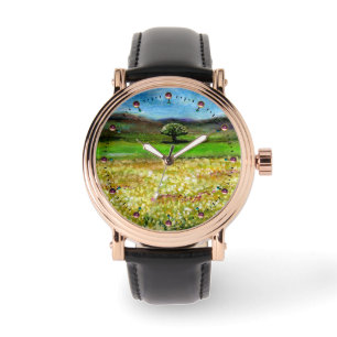 MONTRE ARBRE SOLITAIRE DANS LE CHAMP DE FLEURS JAUNE VERT