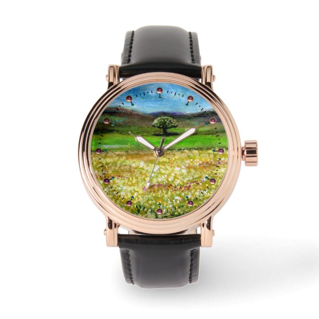 MONTRE ARBRE SOLITAIRE DANS LE CHAMP DE FLEURS JAUNE VERT (Recto)