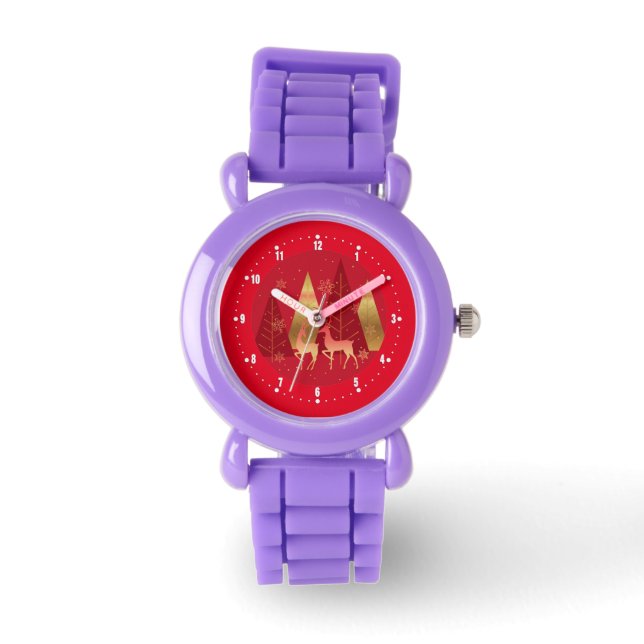 Montre Arbres de Noël rouges et dorés et cerfs (Recto)