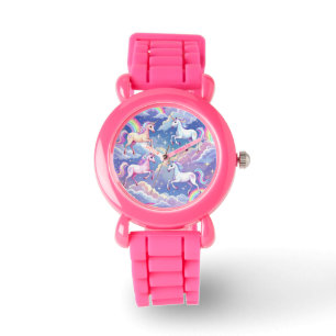 Montre Arc-en-ciel scintillant et licornes sur des nuages