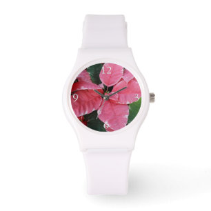 Montre Argent Star Marbre Poinsettias Pink Holiday Floral